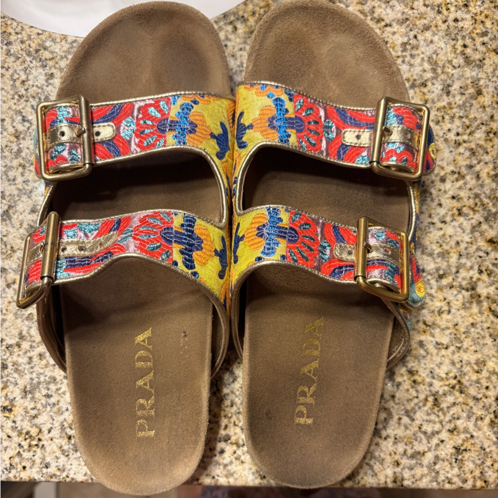 Prada Multicolor Floral Sandals with Gold Buckles